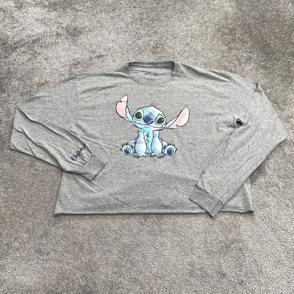 Disney Stitch Cropped Top Womens XL Gray Long Sleeve Crew Neck Cotton Casual Tee